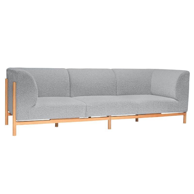 Elegant sofa til 3 personer i grå polsterstof og egetræ