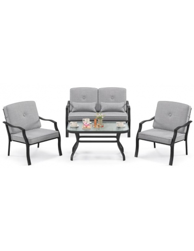 Stilfuldt loungesæt med sofa, stole og bord i sort/grå