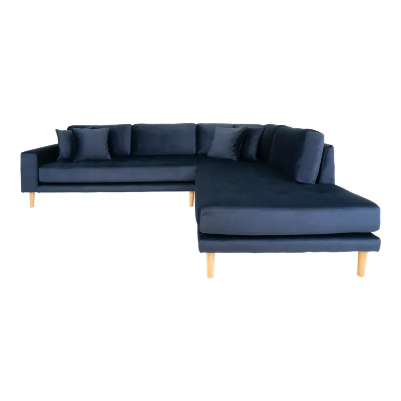 Mørkeblå velour hjørnesofa med puder – Højrevendt design