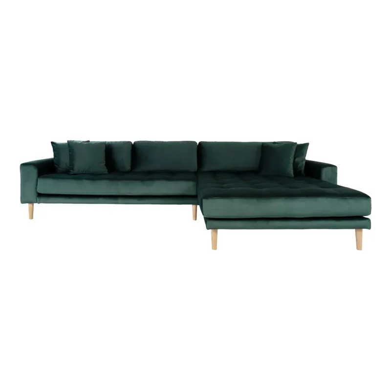 Højrevendt mørkegrøn velour sofa med 4 puder – tilbud!