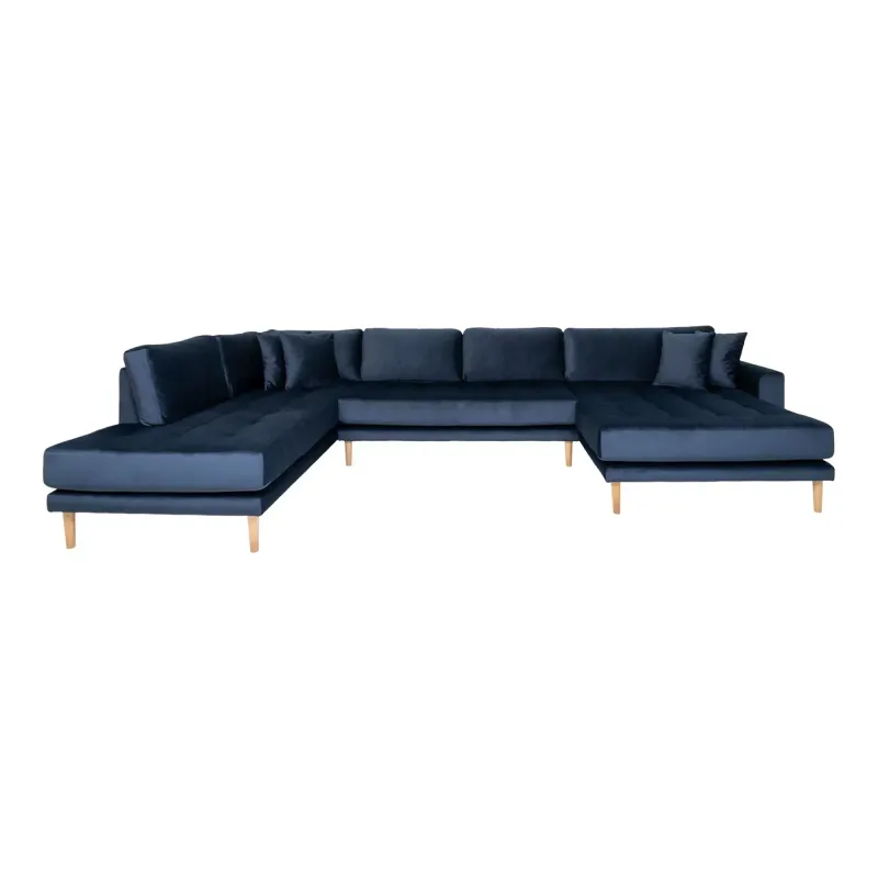 Højrevendt U-sofa i mørkeblåt velour – Stilfuld komfort!