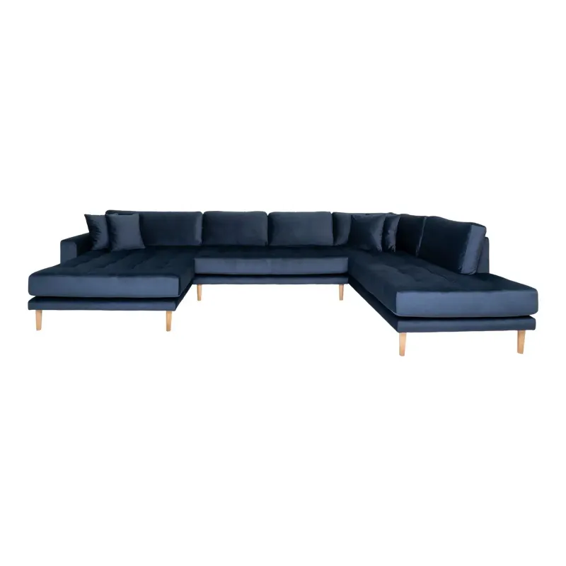 Mørkeblå Velour U-Sofa med Åben Ende Venstrevendt - 1301463